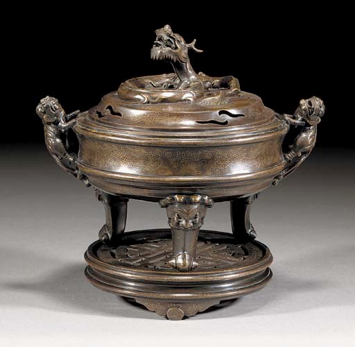 A silver inlaid tripod bronze censer, cover and stand
19th Century
