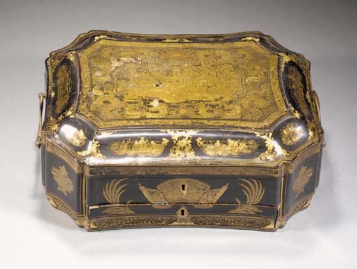 A black and gilt lacquered games box with writing slope
19th Century