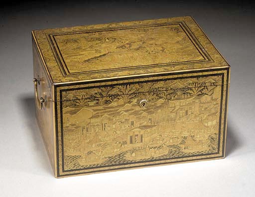 An export black and gilt lacquer box and hinged cover
19th Century