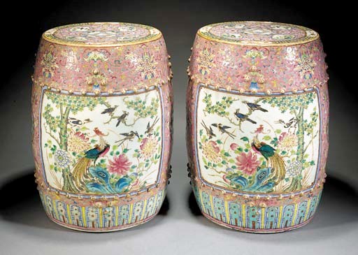 A pair of famille rose pierced barrel-shaped garden seats
19th Century