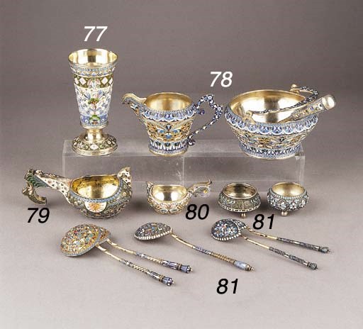 A small Russian silver-gilt and cloisonné enamel kovsh