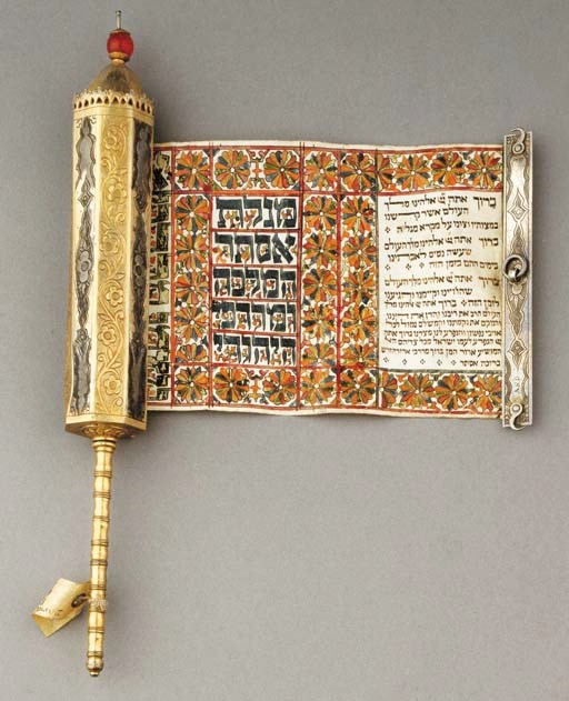 A fine and rare silver-gilt scroll of esther case, with contemporary illuminated megillah