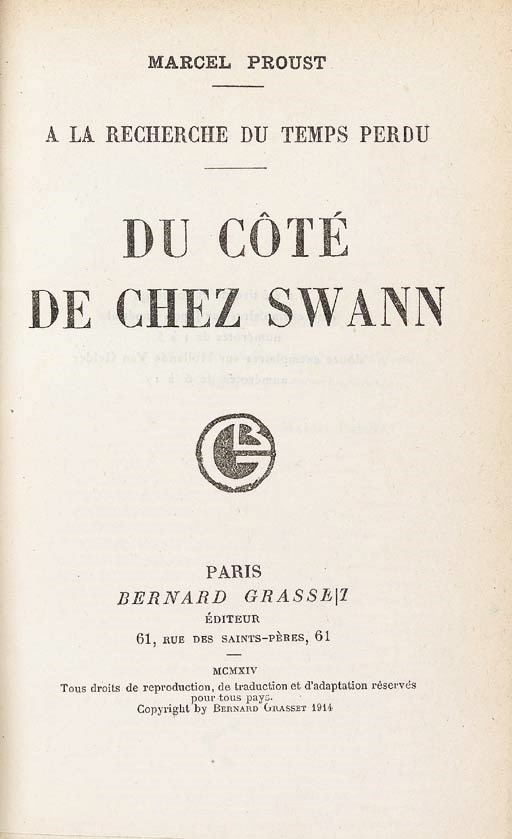 PROUST, Marcel (1871-1922). À la recherche du temps perdu. Paris: Ch. Colin (volume I), l'Imprimerie ''La Semeuse'' (II), l'Imprimerie Louis Bellenand (III-IV), and F. Paillart (V-VIII) for Bernard Grasset (volume I) and Gallimard/Éditions de la Nouvelle Revue Française (II-VIII), '1914' [but 1913]-1927.