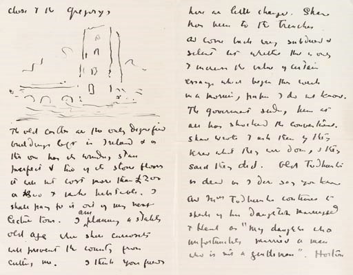 YEATS, William Butler (1865-1939). Autograph letter signed to Florence Farr ('Florence Emery'), 18 Woburn Buildings, 5 March n.y. [1917], including in the text a small sketch of a tower in pen and ink, 8 pages, 8°, autograph envelope addressed to Mrs Emery in Ceylon (readdressed to her in hospital in Colombo, in a different hand). Provenance: Florence Farr (d. 1917); her sister  Henrietta (Mrs H.M. Paget), and by descent.
