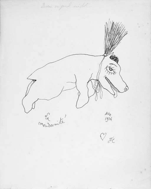 COCTEAU, Jean (1889-1963). 'La Mondanité'. Pen and ink drawing on paper, titled below the image, dated 'Nice , 1924' and signed with a heart and the monogram 'JC'. 280 x 224mm. (Lightly browned and spotted, slightly frayed at lower margin.) Provenance: 'Dessin original inédit' (later pencilled marginal inscription).