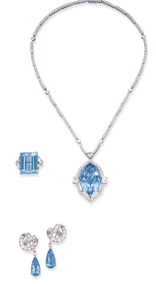 A SET OF AQUAMARINE AND DIAMOND JEWELLERY, BY CARTIER