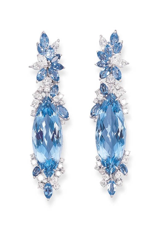 A PAIR OF AQUAMARINE AND DIAMOND EAR PENDANTS, BY MICHAEL YOUSSOUFIAN