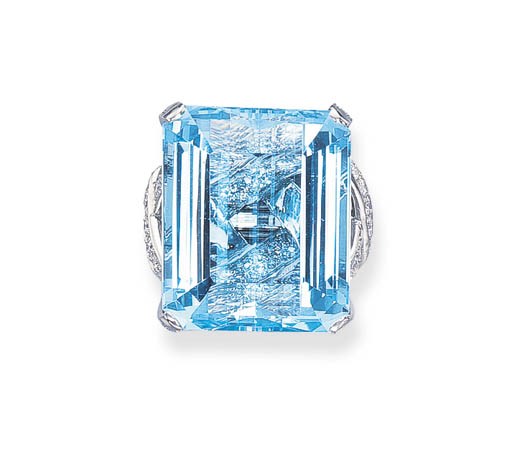 AN AQUAMARINE AND DIAMOND RING, BY TIFFANY, SCHLUMBERGER