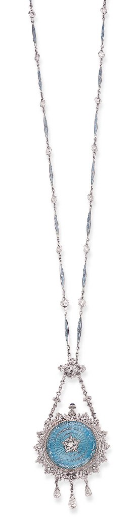 AN ENAMEL AND DIAMOND PENDENT WATCH, BY PATEK PHILIPPE & CO. FOR TIFFANY & CO.