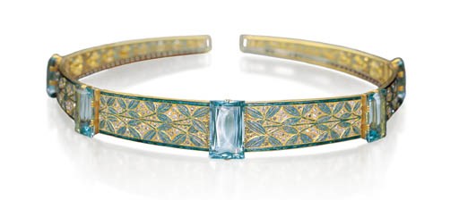AN EXQUISITE AQUAMARINE, ENAMEL AND DIAMOND DIADEM, BY GEORGES FOUQUET