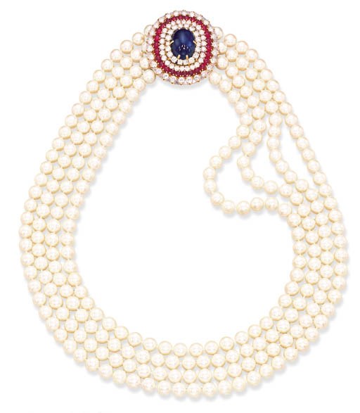 A FOUR-STRAND CULTURED PEARL, SAPPHIRE, RUBY AND DIAMOND NECKLACE, BY BULGARI