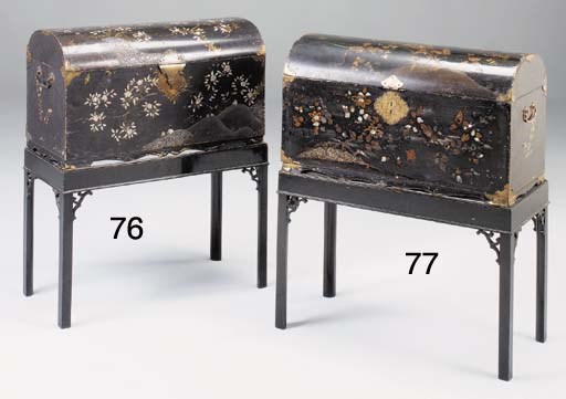 A JAPANESE AND LACQUER AND MOTHER OF PEARL INLAID DOME COFFER, ON LATER EBONISED STAND, THE COFFER LATE MONOYAMA/EARLY EDO PERIOD