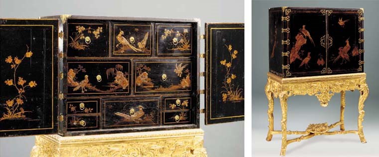 A BLACK AND GILT JAPANNED CABINET ON GILTWOOD STAND, THE CABINET LATE 17TH/EARLY 18TH CENTURY, THE BASE 19TH CENTURY WITH SOME EARLIER ELEMENTS