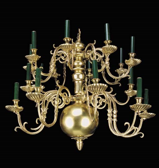 A large brass sixteen light chandelier, 20th century
