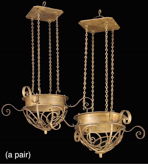 A pair of Art Deco wrought iron chandeliers, early 20th century
