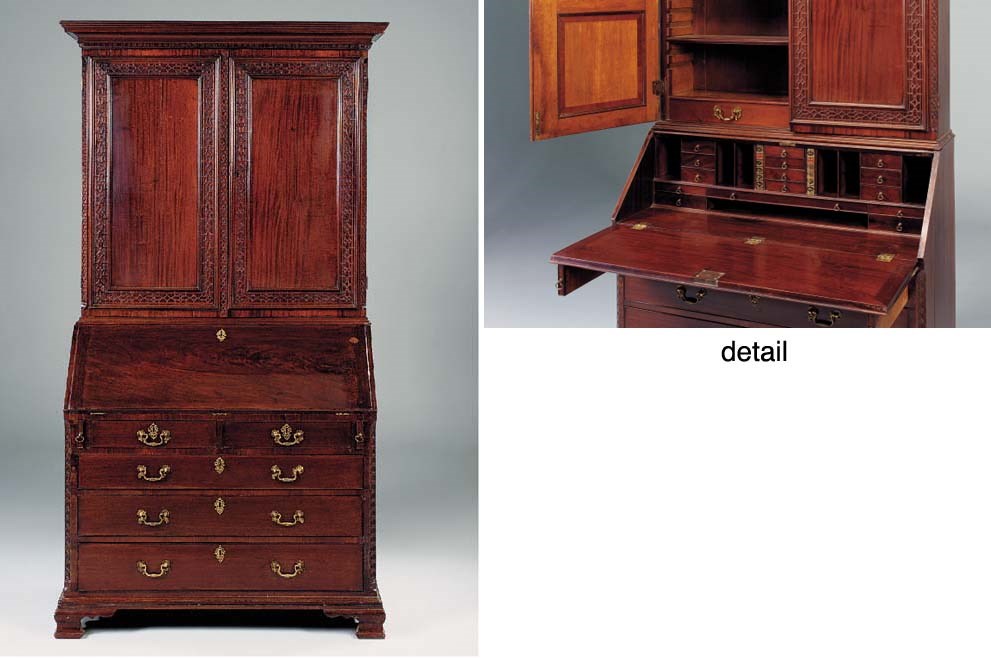 A CARVED MAHOGANY BUREAU CABINET, TOP AND BASE GEORGE III, POSSIBLY ASSOCIATED