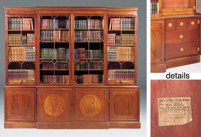 A GEORGE III MAHOGANY AND INLAID BREAKFRONT LIBRARY BOOKCASE