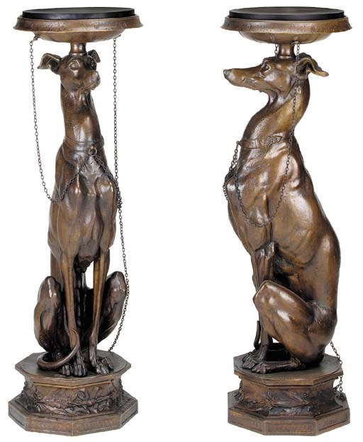 A pair of bronze greyhound pedestals, 20th century