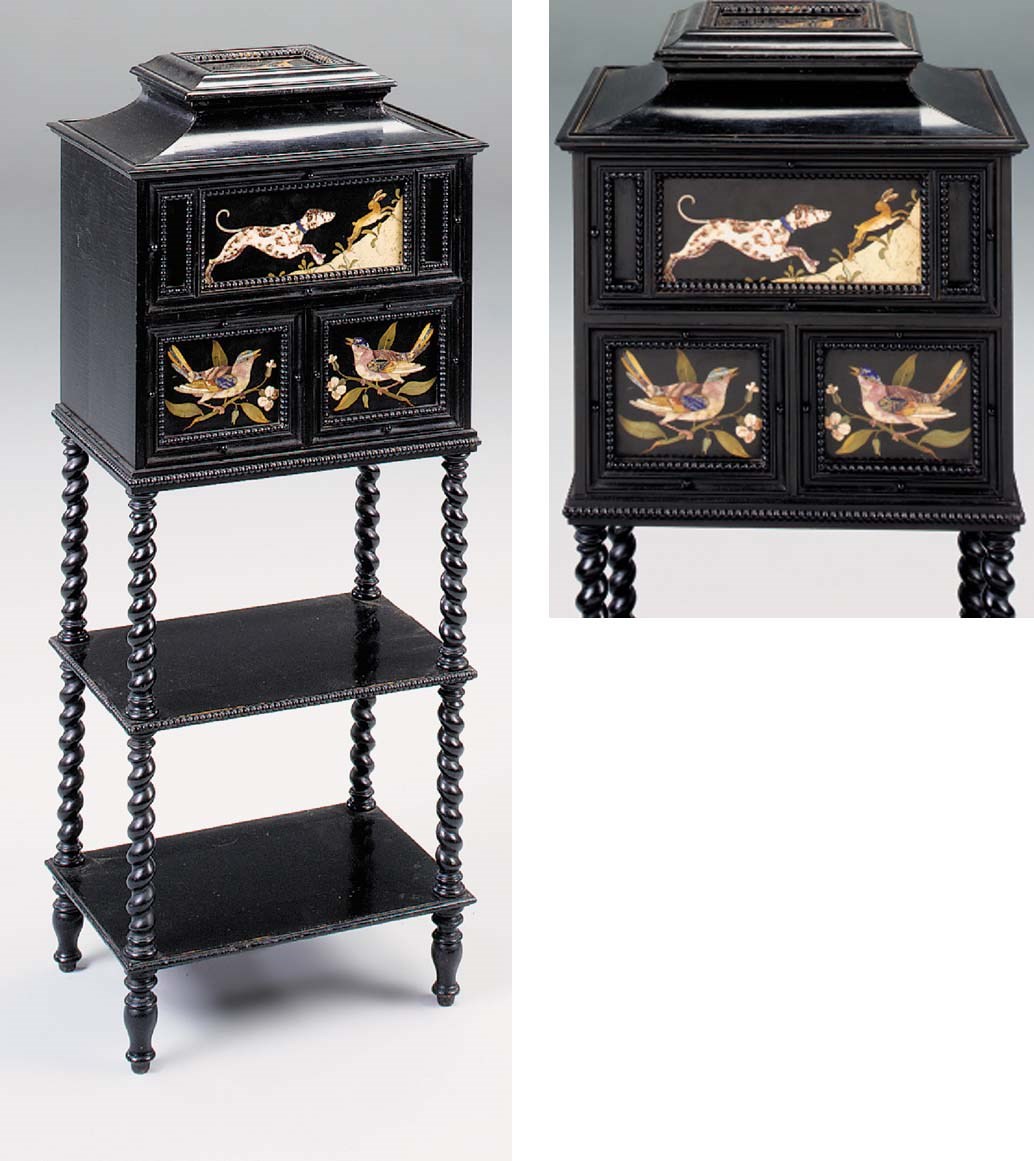 A VICTORIAN EBONISED AND PIETRA DURA CABINET OF SMALL SIZE