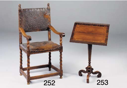 A WALNUT AND BRASS STUDDED LEATHER ARMCHAIR, 17TH CENTURY DUTCH