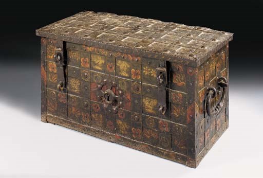 A DUTCH POLYCHROME DECORATED CAST IRON STRONG BOX, 17TH CENTURY