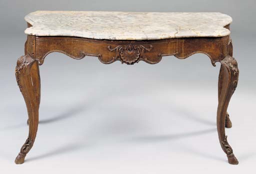 A FRENCH PROVINCIAL CARVED OAK MARBLE TOP CONSOLE TABLE, LATE 18TH/EARLY 19TH CENTURY, in the Louis XV style