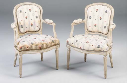 A PAIR OF LOUIS XV WHITE PAINTED FAUTEUILS EN CABRIOLET