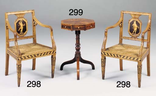 A PAIR OF ITALIAN CARVED WALNUT AND MARQUETRY ARMCHAIRS, ELEMENTS 18TH/19TH CENTURY