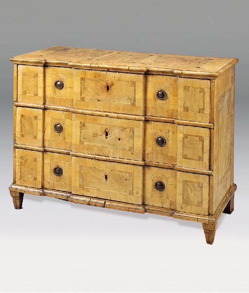 A SOUTH GERMAN WALNUT CROSSBANDED AND INLAID CHEST, 18TH CENTURY