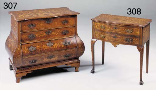 A DUTCH OAK AND FLORAL MARQUETRY SERPENTINE LOWBOY