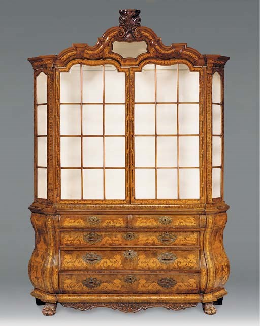 A DUTCH WALNUT, MAHOGANY AND FLORAL MARQUETRY CHINA CABINET, 19TH CENTURY, WITH LATER RENEWAL