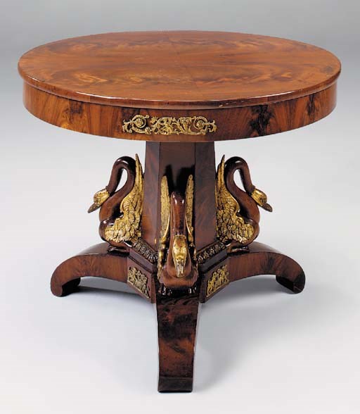A CONTINENTAL MAHOGANY AND ORMOLU MOUNTED GUERIDON OR CENTRE TABLE, 19TH CENTURY, in the Empire style