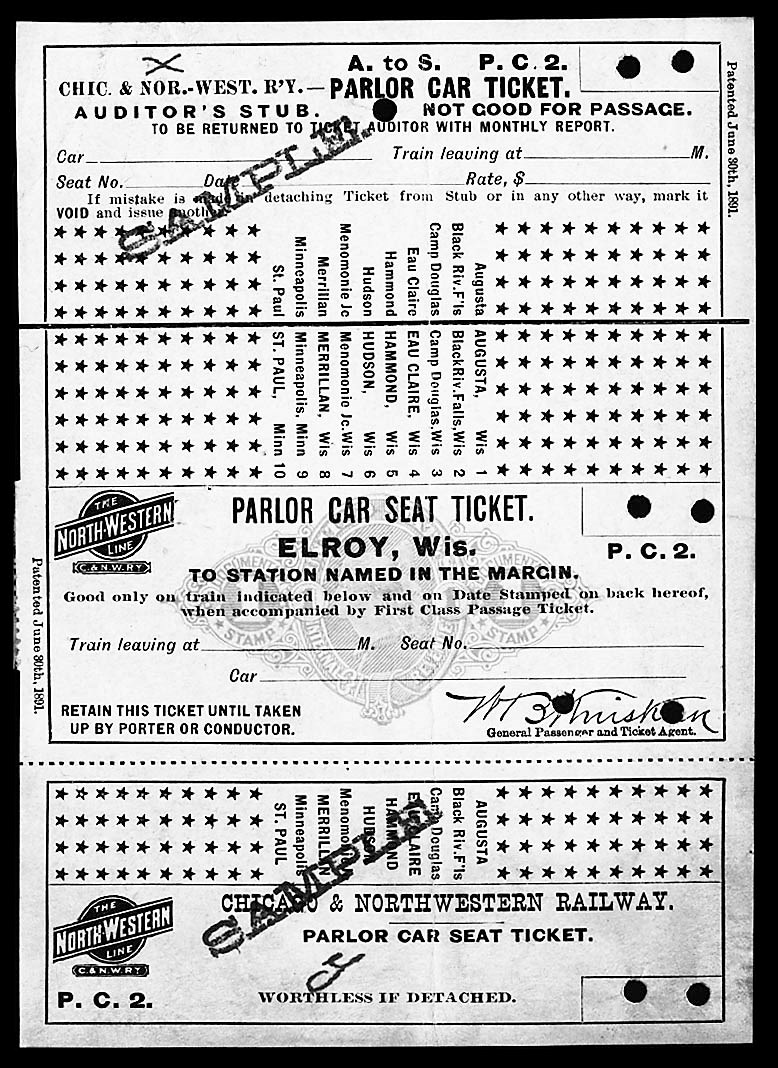 1c Orange X Die, "Sample" handstamp in Purple (RN-X4a var), imprinted on front of intact unused two-portion Railroad Parlor Car ticket (4½x6½"), complete with both the ticket and conductor's halves, each handstamped "Sample", very rare as the 1c Orange was normally found only on Pullman tickets, a few staple holes and faint pressed-out vertical crease, very fine appearance, a desirable item, unlisted in Scott, this ticket format and this specific ticket is unlisted in Castenholz          photo