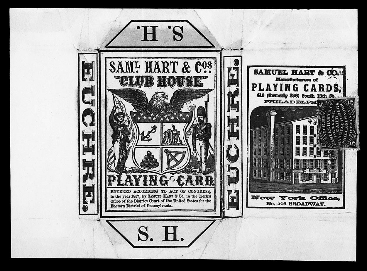 Hart & Co., Samuel, 5c Black (RU9a), fine single used on full Samuel Hart & Co.'s illustrated Blue on white Playing Card Wrapper, Club House brand, wrapper has the usual small faults, otherwise very fine, well-above average quality for these, very attractive and desirable      photo