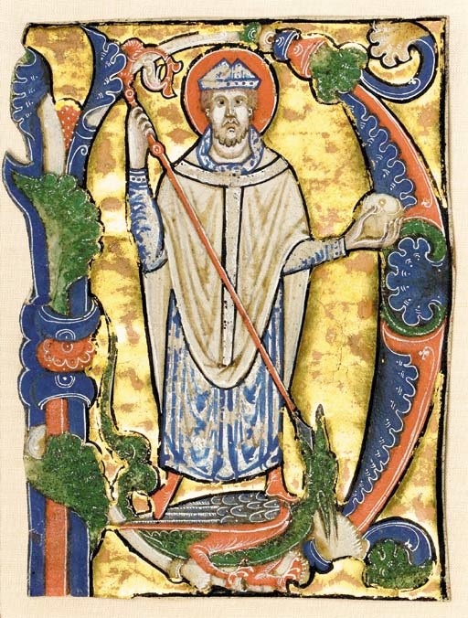BISHOP SAINT TRIUMPHING OVER A DRAGON, in an initial P cut from an ILLUMINATED CHOIRBOOK ON VELLUM