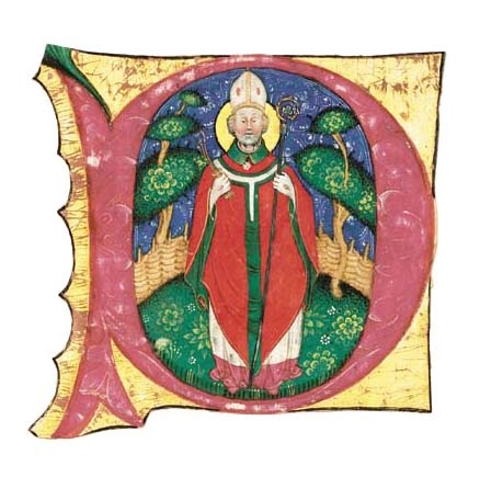 ST AMBROSE, in an initial P cut from an ILLUMINATED MANUSCRIPT CHOIRBOOK ON VELLUM