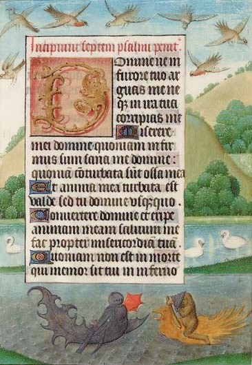 FANTASTIC WATER TOURNAMENT, on a leaf from a Book of Hours, ILLUMINATED MANUSCRIPT ON VELLUM