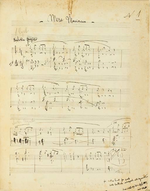 GIORDANO, Umberto (1867-1948). Autograph music manuscript, Mese Mariano, an opera, n.d. [1910], composing score, in pencil, numerous revisions and additions, virtually complete, (lacking apparently four or five pages), approximately 155 pages, folio (330 x 270mm), (occasional rust marks from paperclips), pages from libretto in the hand of the librettist Salvatore di Giacomo and with additions and annotations by Giordano tipped in on facing pages, 32½ pages, 4to, later marbled boards. Provenance. Olga Spatz, widow of Umberto Giordano (pencilled inscription on rear pastedown identifying the work as part of her estate at her death in 1985).