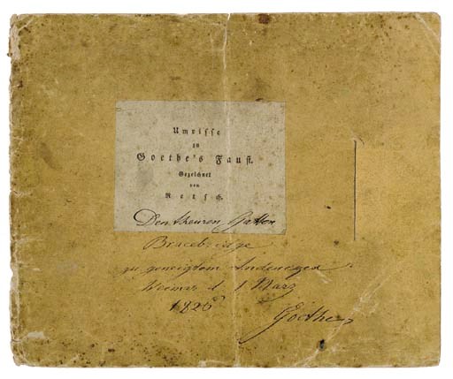 GOETHE, Johann Wolfgang von (1749-1832) -- Moritz RETZSCH (illustrator). Umrisse zu Goethe's Faust. Stuttgart and Tübingen: J. Cotta, 1820. 26 etchings (spotted), yellow paper wrapper (worn, covers and first plate detached). Rümann 1841; Kippenberg 1875-6; Meyer 2315. PRESENTATION INSCRIPTION IN THE HAND OF J.W. VON GOETHE on upper cover, 'Den theuren Gatten Bracebridge zu geneigten Andenken  Weimar d. 1 Marz 1826  Goethe' (To the dear Bracebridge couple in fond memory). Provenance: Charles and Selina Bracebridge; and by descent.