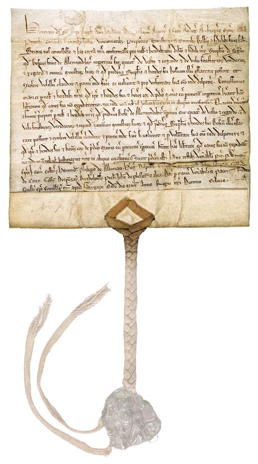 HENRY III (King of England, 1216-1271). Document, a charter, confirming rights to Stephen [de Segrave] in his woodland at 'Alcmundeburii' [Alconbury], dated 'Fodergeye se[cun]do die Martii Anno Regni nostri Decimo octavo' [Fotheringay, 2 March 1234]. Manuscript on vellum, 16 lines in Latin, written in brown ink in a gothic documentary script, one membrane, 198 x 182 mm, folded back at foot, fragment of seal pendant from plaited silk laces, contemporary endorsement on verso (splits in lower fold, including one of 61mm from right margin, touching 5 words, 3 tiny holes).