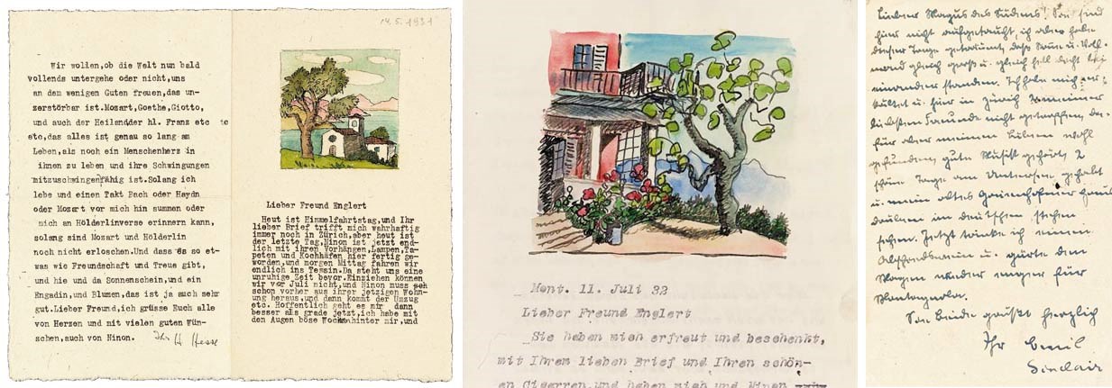 HESSE, Hermann (1877-1962). A series of 18 autograph letters signed, 74 typed letters signed, 4 autograph notes signed, 49 autograph postcards signed (one signed as 'Emil Sinclair'), and 4 typed postcards signed to Josef Englert, n.d. [May 1920] - [4 August 1955], 36 of the letters and postcards illustrated with drawings in watercolour or pen and ink by Hesse, including 6 typescript poems (of which 3 signed and illustrated with watercolours), a few letters on verso of paper with printed headings of Vivos Voco, Deutsche Kriegsgefangenen-Fürsorge and others, altogether approximately 100 pages, various sizes, in autograph, and 134 pages, various sizes, typescript, 85 envelopes, together with 4 unsigned drawings and seven woodcuts, presumably by Hesse, and related letters and poems by Georg Reinhart, Ninon Hesse and others, a copy of Goethe, Dreißig Gedichte ausgewählt und eingeleitet von Hermann Hesse, Zürich, 1932, inscribed 'Den Lieben Freunden' and signed by Hesse, and other printed items. Provenance: Josef Englert; and by descent.