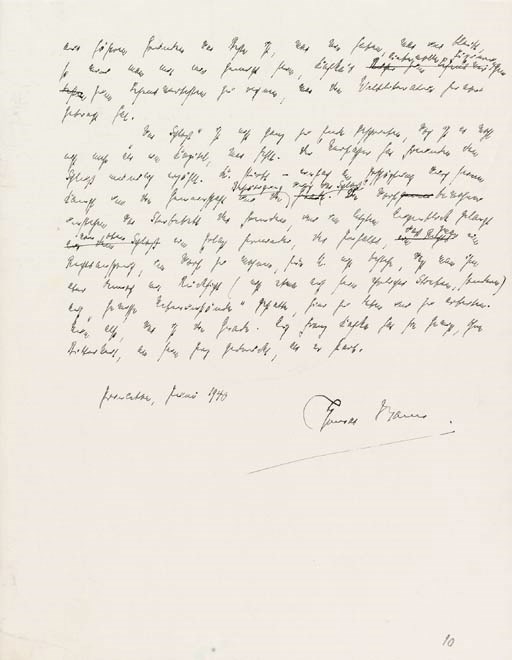 MANN, Thomas (1875-1955). Autograph manuscript, 'Dem Dichter zu Ehren' (In honour of the poet), an essay on Franz Kafka's Das Schloß, Princeton, [16 - 21] June 1940, a number of emendations and additions in autograph, ten pages, 4to (numbered), in a portfolio.