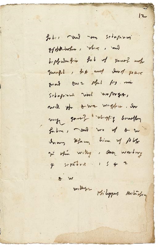 MELANCHTHON, Philipp (1497-1560). Autograph letter signed ('Philippus Melanchthon') to the Mayor and Council of Saalfeld ('Den Erbaren, weisen und fürnehmen Herrn Burgermeistern und Rath zu Salfeld, meinen gunstigen Herrn'), Wittenberg, 4 September 1542, in German on paper, 3 pages, folio (332 x 215mm), integral address panel (skilful restoration to margins).