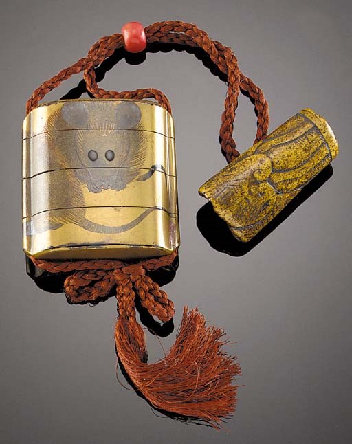 A gold lacquer three-case inro
signed Shiomi Masanari, 18th Century