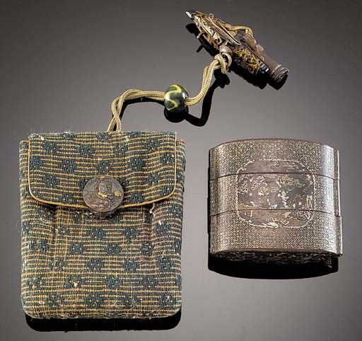 An embroidered pouch with Kanamono, with attached small model of a foreign gun and two-case lac-de-bergaute inro
18th Century