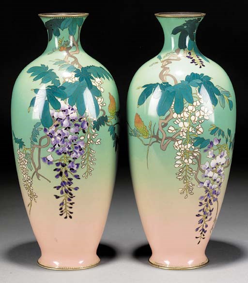 A pair of tapering ovoid cloisonne vases
Meiji Period