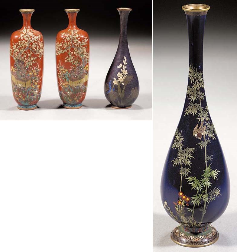 A pair of coral ground cloisonne vases
Meiji Period
