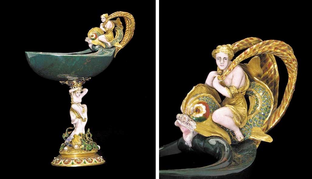 A French jewelled and enamelled gold-mounted hardstone tazza