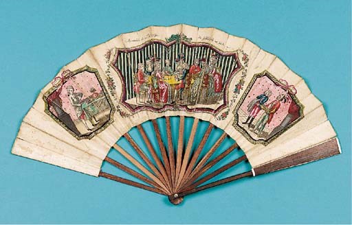 Assamblee (sic) de la Noblesse, Die Gesellschaft des Adels, a printed fan, the leaf a hand-coloured engraving of elegant company playing cards and chess, with wooden sticks with bone filets - 11in. (28cm.), German or Austrian, circa 1775 (old repairs and stains to leaf)