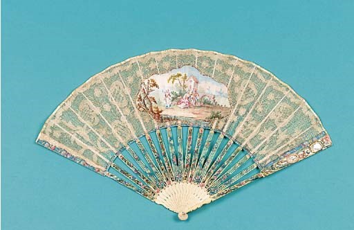 A fan, the net leaf applique with muslin and darned with flowers, and set with a painted paper vignette of lovers in a landscape, the ivory sticks pierced and painted with flowers and trompe l'oeil of lace, the guardsticks each set with two portrait miniatures - 10.5in. (27cm.), French, circa 1760